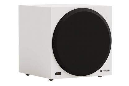 Salon 1 Audio Monitor Audio Vestra W10 compact white powered subwoofer with a black circular front grille