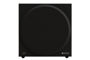 Salon 1 Audio Monitor Audio Vestra W12 powered subwoofer in black with a 12-inch driver and removable cloth grille.