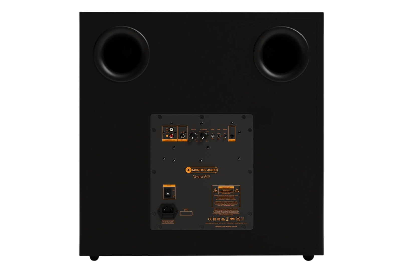 Salon 1 Audio Monitor Audio Vestra W15 powered subwoofer rear panel showing ports, RCA inputs, and control knobs.
