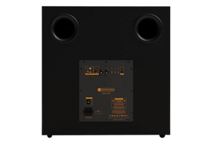 Salon 1 Audio Monitor Audio Vestra W15 powered subwoofer rear panel showing ports, RCA inputs, and control knobs.