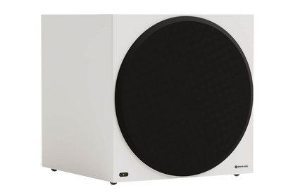 Salon 1 Audio Monitor Audio Vestra W15 powered subwoofer in white with a large black circular front grille.