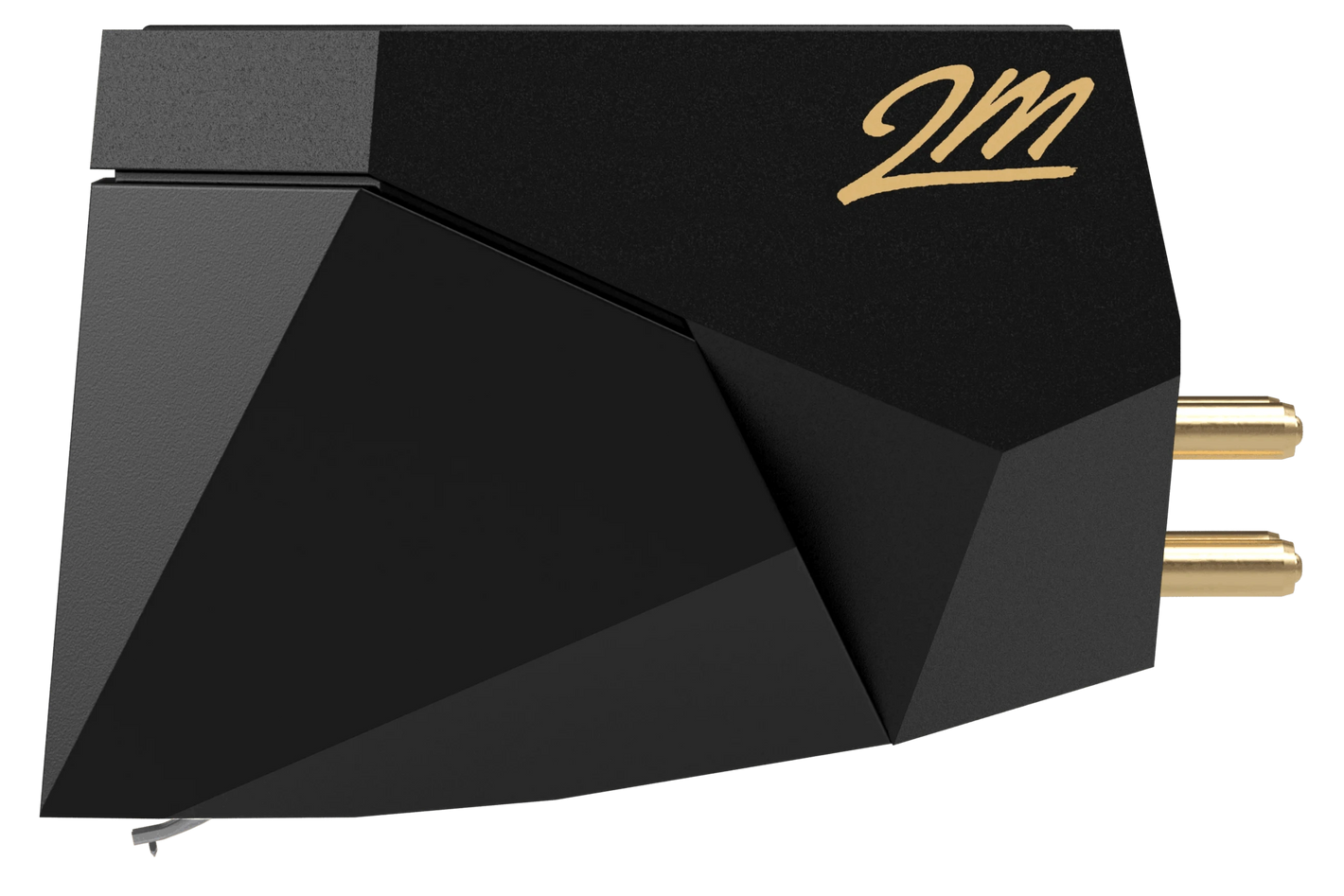 Salon 1 Audio Ortofon 2M Black moving magnet phono cartridge with a faceted black body and gold logo side profile