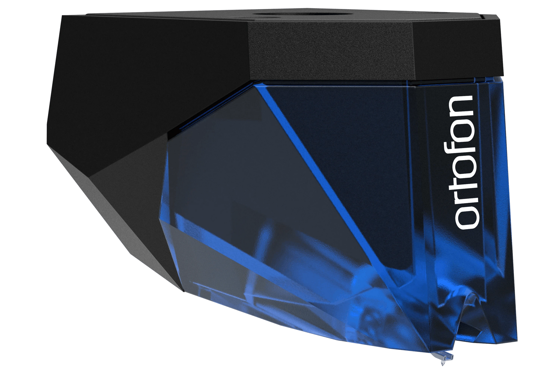 Salon 1 Audio Ortofon 2M Blue moving magnet phono cartridge with a blue translucent body and black top housing.