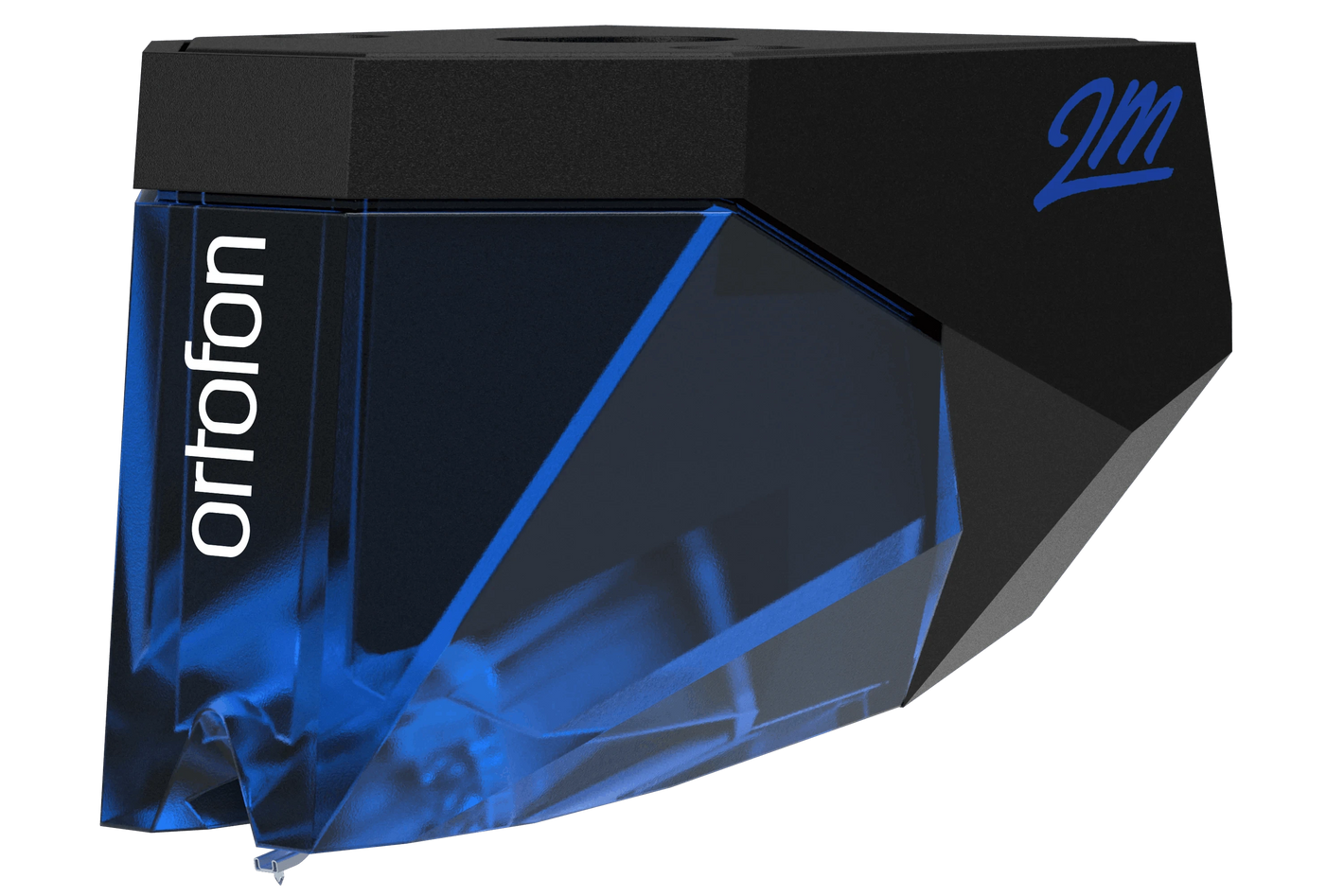Salon 1 Audio Ortofon 2M Blue moving magnet phono cartridge with blue translucent body and black top housing