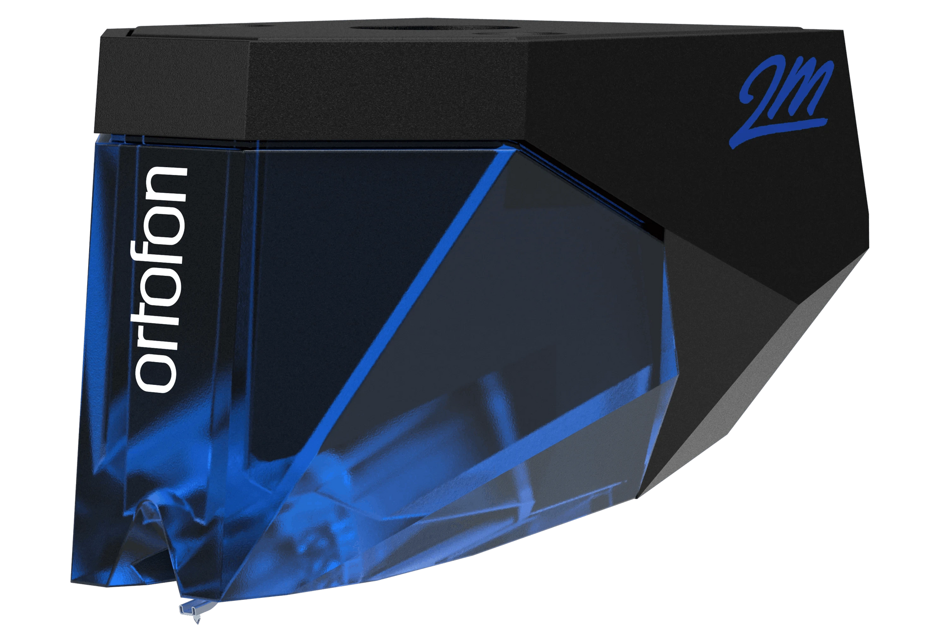 Salon 1 Audio Ortofon 2M Blue moving magnet phono cartridge with blue translucent body and black top housing