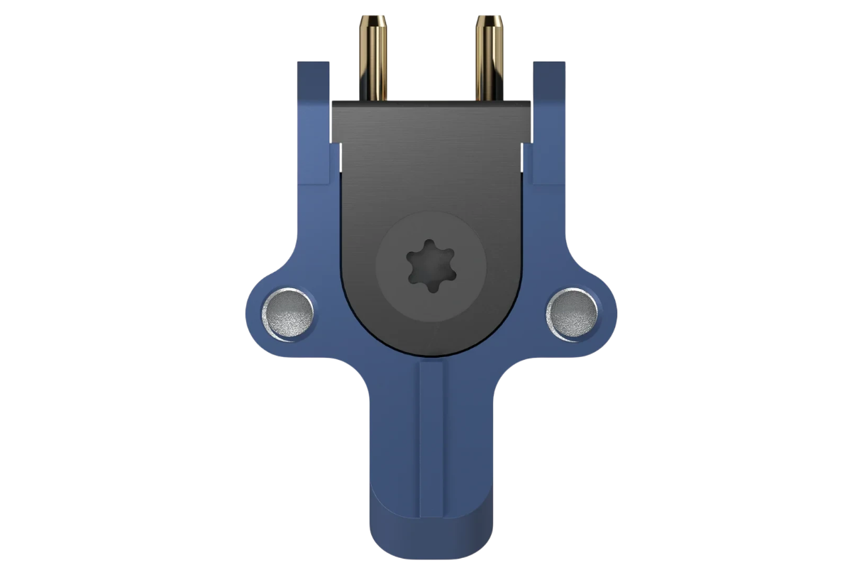 Salon 1 Audio Ortofon MC 90X moving coil phono cartridge featuring a precision-engineered blue and black metal body.