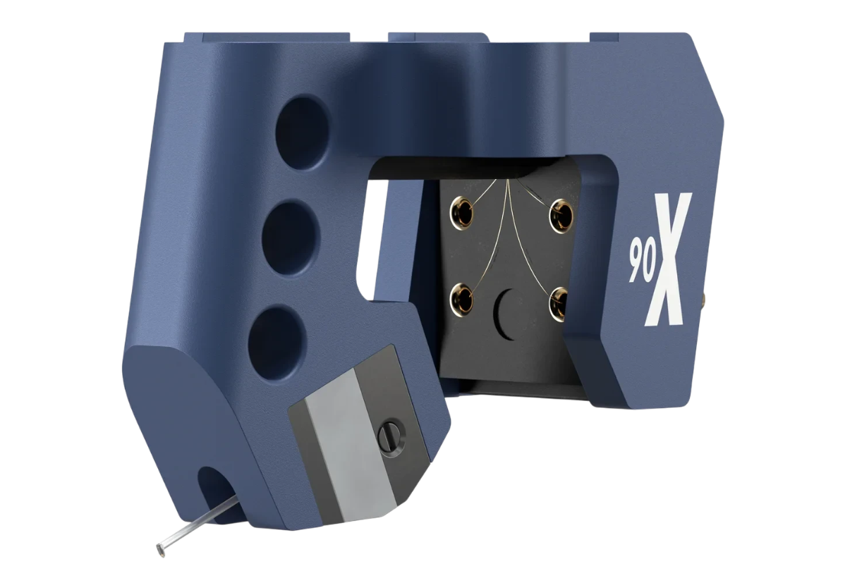 Salon 1 Audio Ortofon MC 90X moving coil phono cartridge in a matte blue finish with a precision stylus and cantilever.