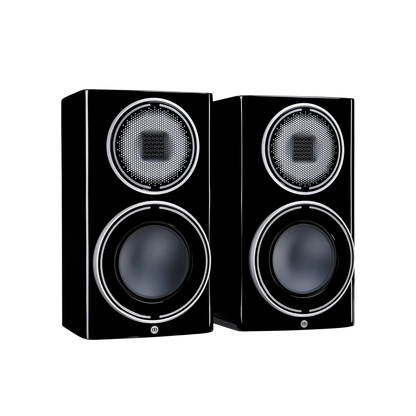 Salon 1 Audio Monitor Audio Platinum 100 3G bookshelf speakers in piano black with MPD III tweeter and RDT III driver.