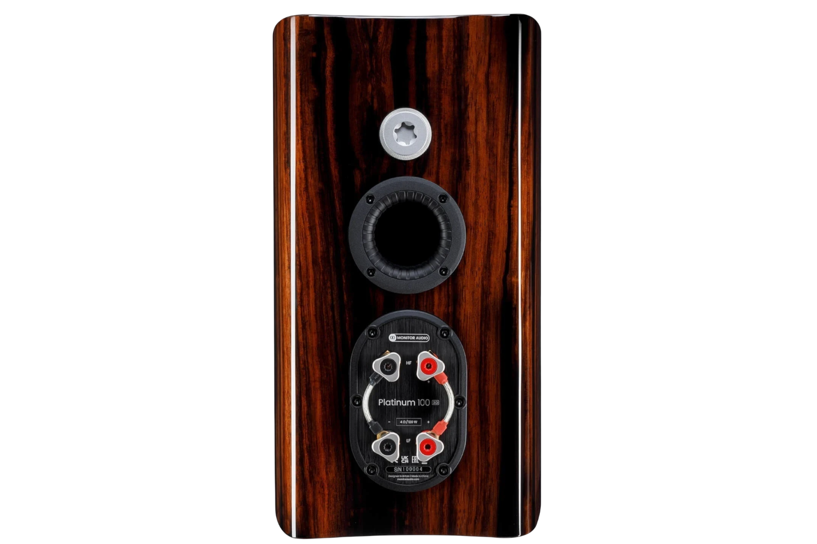 Salon 1 Audio Monitor Audio Platinum 100 3G bookshelf speaker rear view showing terminals and port in piano ebony finish