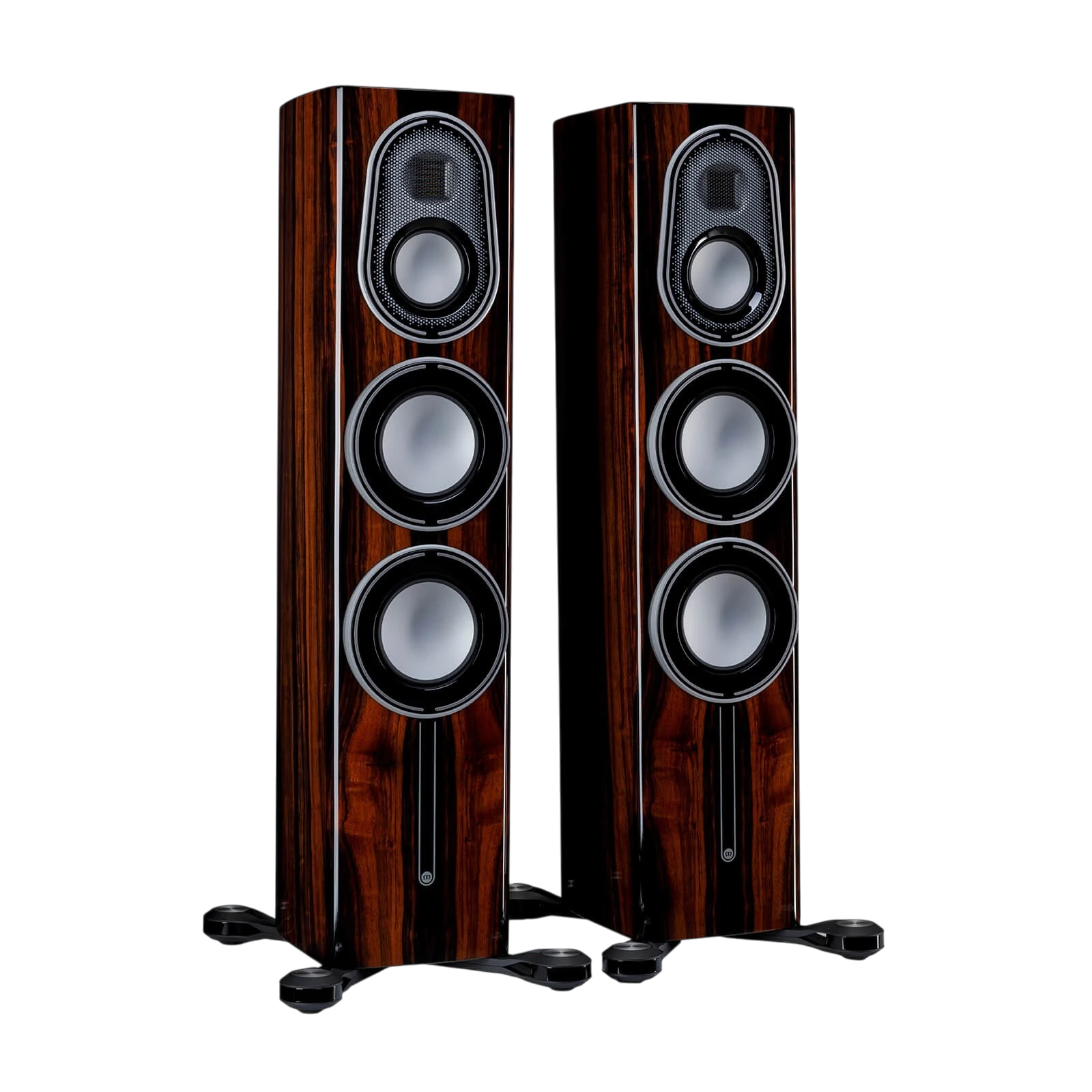 Salon 1 Audio Monitor Audio Platinum 200 3G floorstanding speakers in a glossy piano ebony wood finish.