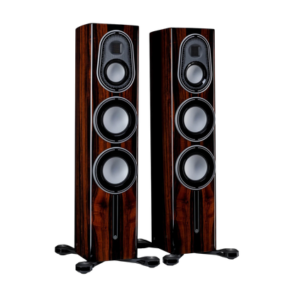Salon 1 Audio Monitor Audio Platinum 200 3G floorstanding speakers in a glossy piano ebony wood finish.
