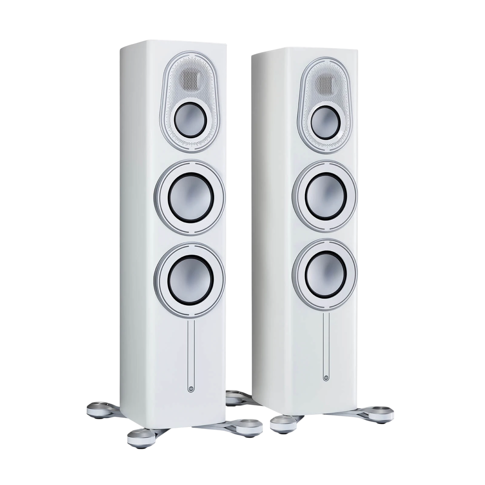 Salon 1 Audio Monitor Audio Platinum 200 3G floorstanding speakers in a sleek Pure Satin White finish.