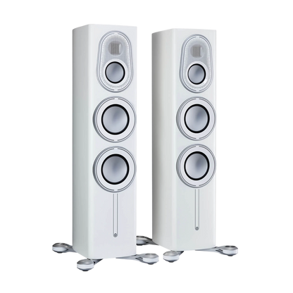 Salon 1 Audio Monitor Audio Platinum 200 3G floorstanding speakers in a sleek Pure Satin White finish.