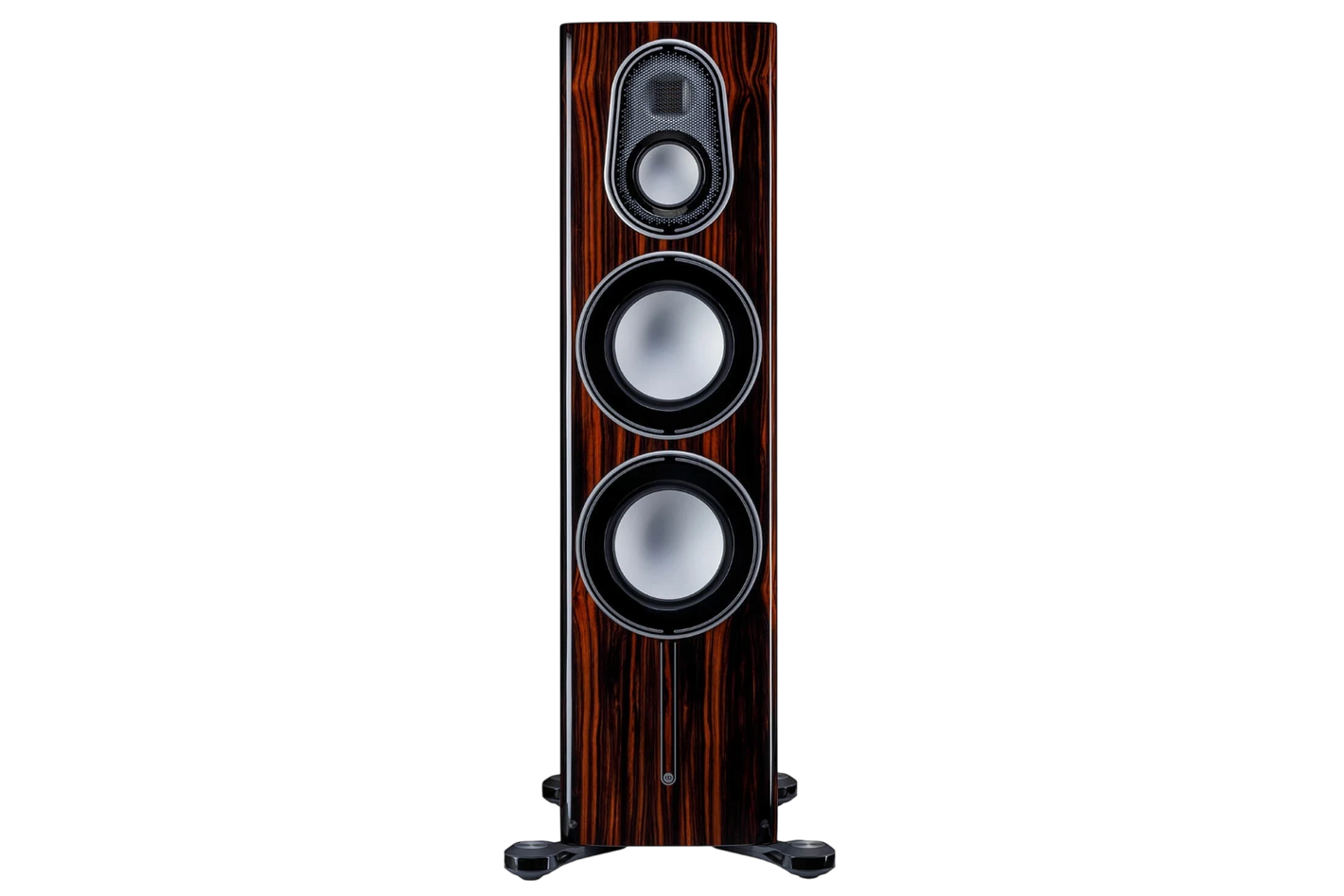 Salon 1 Audio Monitor Audio Platinum 300 3G floorstanding speaker in a polished piano ebony wood finish.
