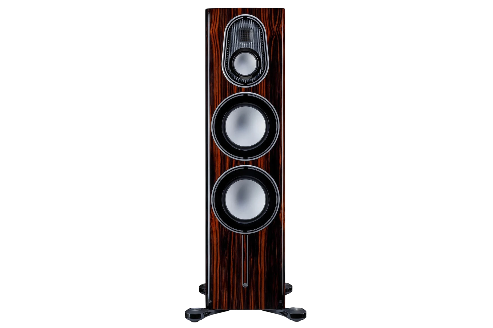 Salon 1 Audio Monitor Audio Platinum 300 3G floorstanding speaker in a polished piano ebony wood finish.