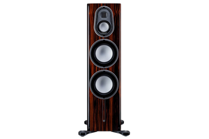 Salon 1 Audio Monitor Audio Platinum 300 3G floorstanding speaker in a polished piano ebony wood finish.