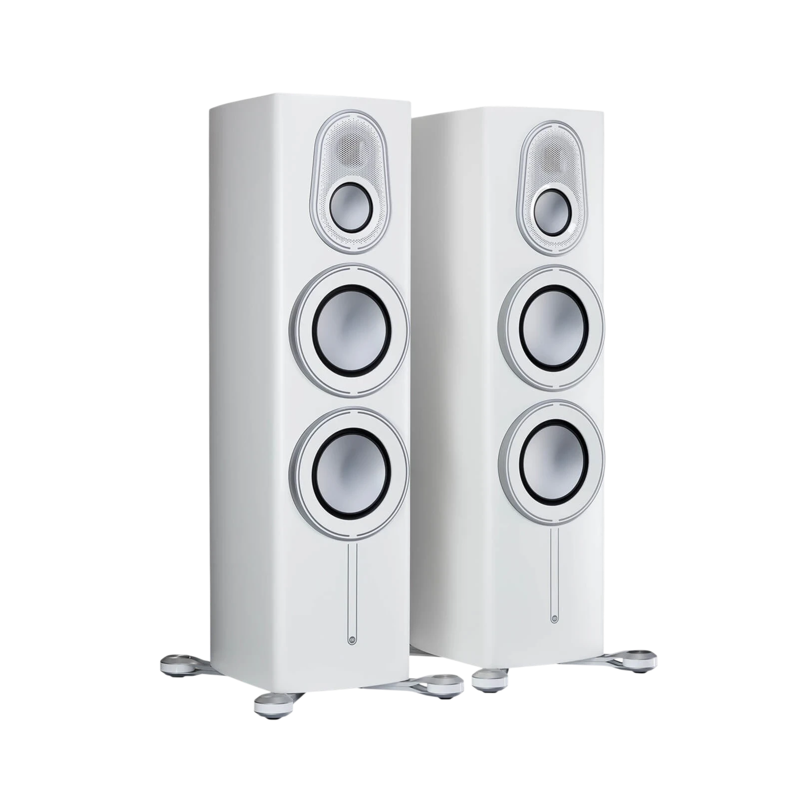 Salon 1 Audio Monitor Audio Platinum 300 3G floorstanding speakers in pure satin white with advanced driver technology.