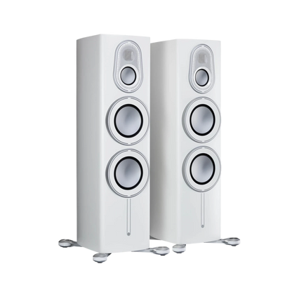 Salon 1 Audio Monitor Audio Platinum 300 3G floorstanding speakers in pure satin white with advanced driver technology.