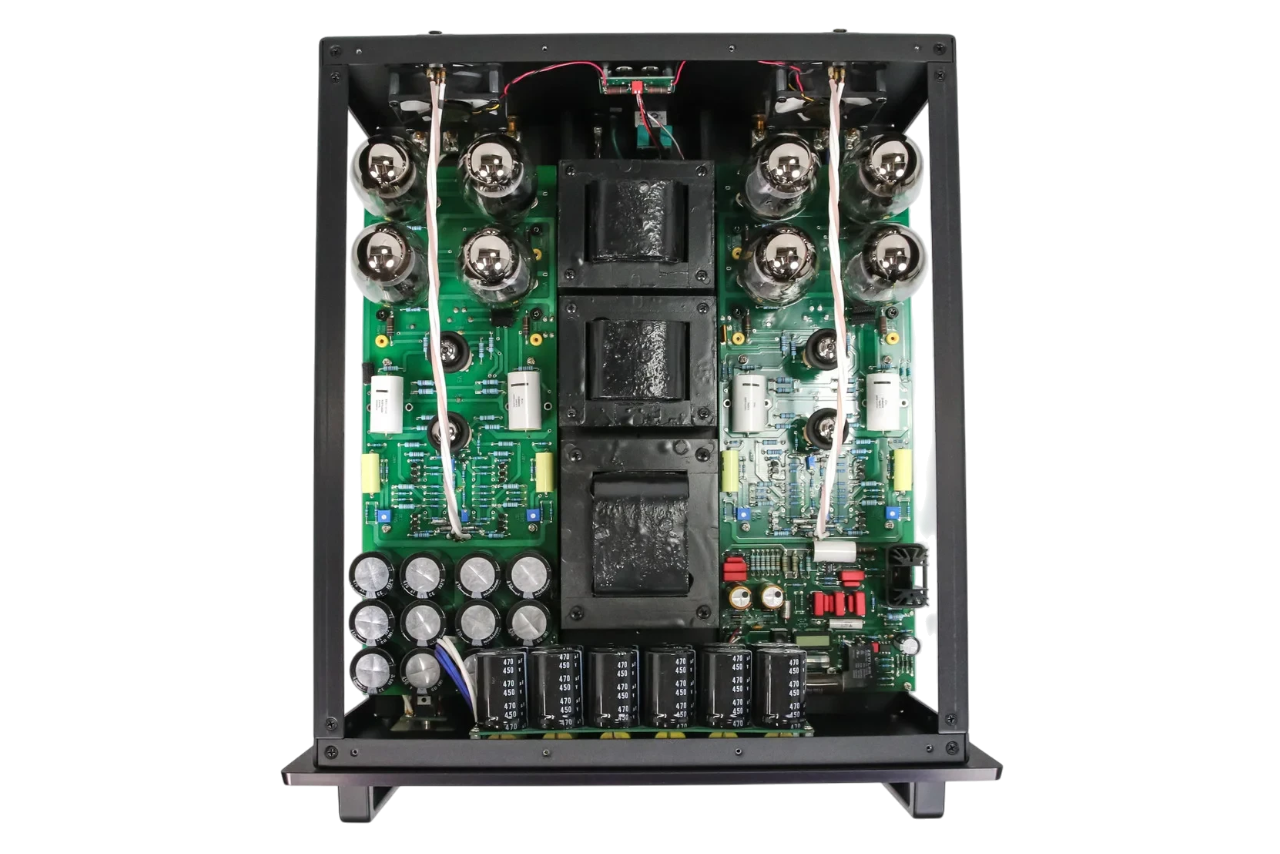 Salon 1 Audio Audio Research REF150SE tube amplifier internal view showing KT150 tubes and circuit board components.