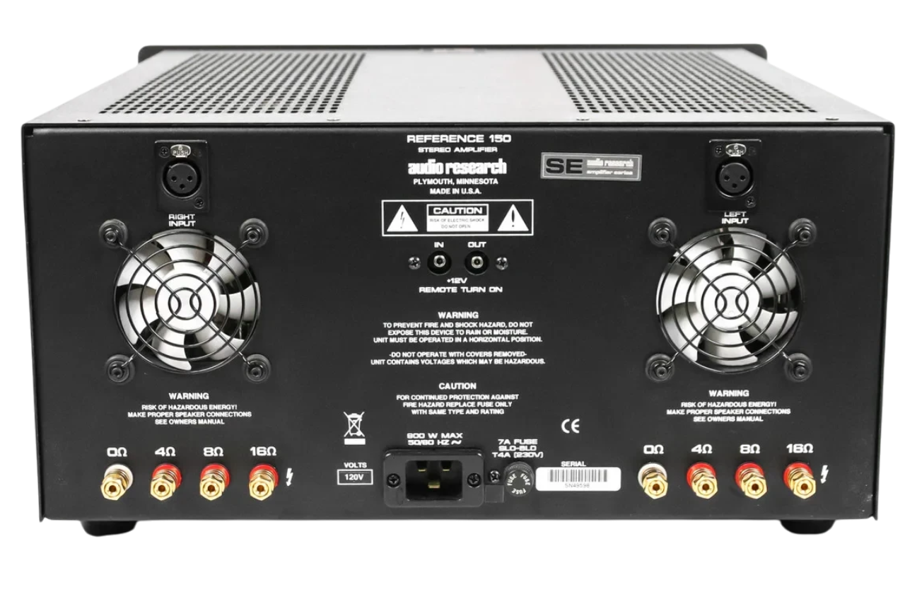 Salon 1 Audio Audio Research REF150SE black stereo tube power amplifier rear panel view with XLR inputs and speaker taps