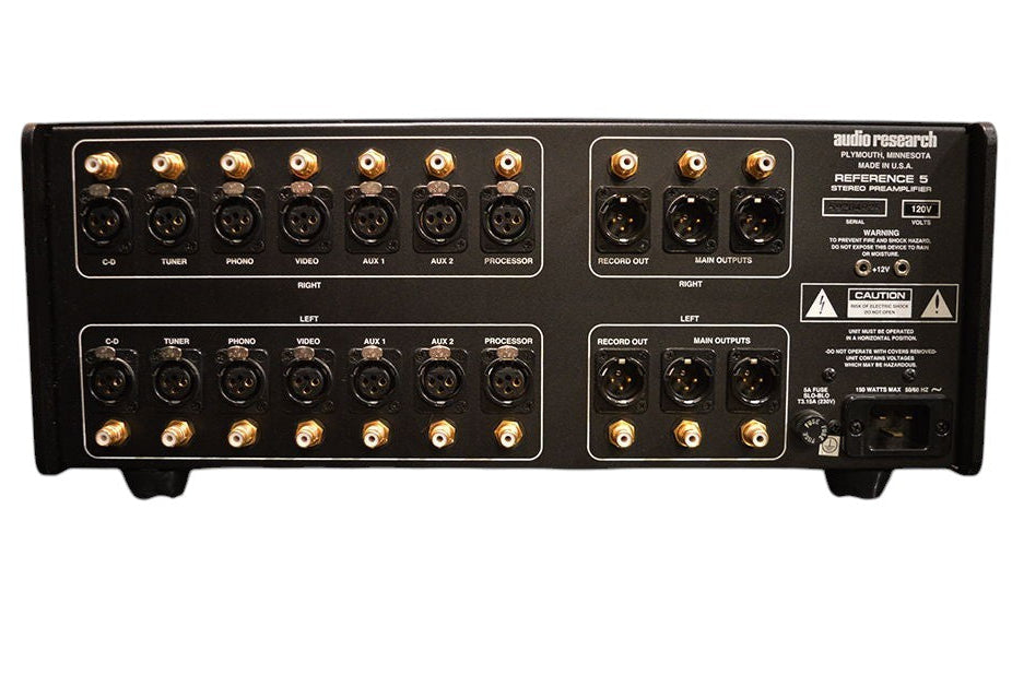 Salon 1 Audio back panel of the black Audio Research Reference 5SE vacuum tube preamplifier with balanced inputs