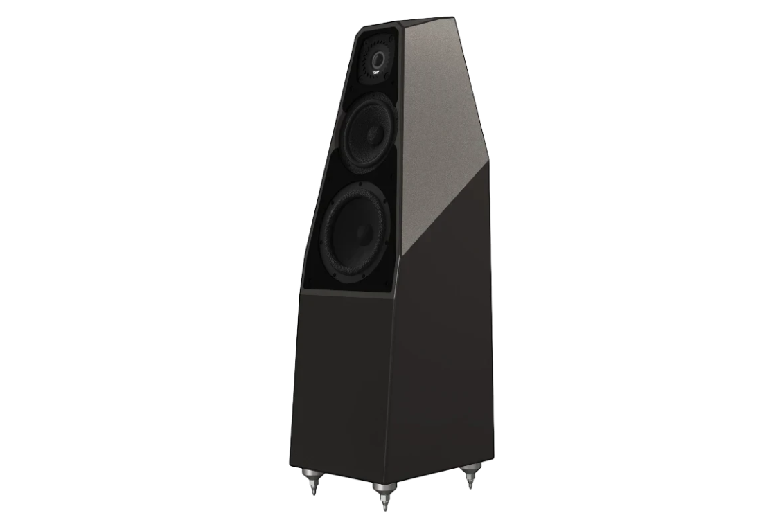 Salon 1 Audio Wilson Audio Sabrina V floorstanding speaker in a two-tone grey and black finish with three drivers.