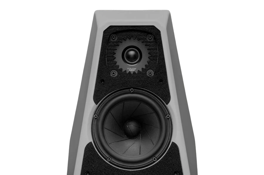 Salon 1 Audio Wilson Audio Sabrina V floorstanding speaker featuring a white cabinet and black driver baffle.