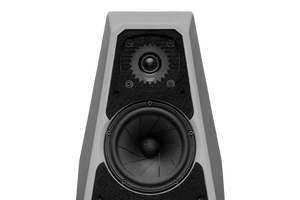 Salon 1 Audio Wilson Audio Sabrina V floorstanding speaker featuring a white cabinet and black driver baffle.