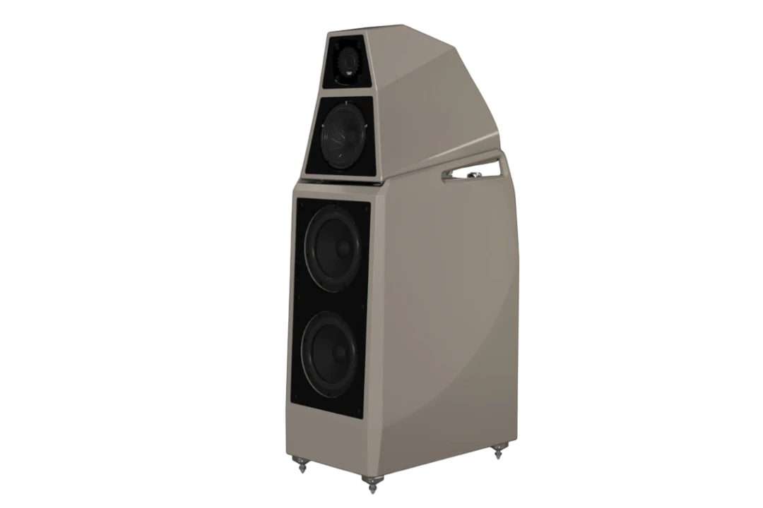 Salon 1 Audio Wilson Audio Sasha V floorstanding speaker in a glossy taupe finish with a three-way driver configuration.