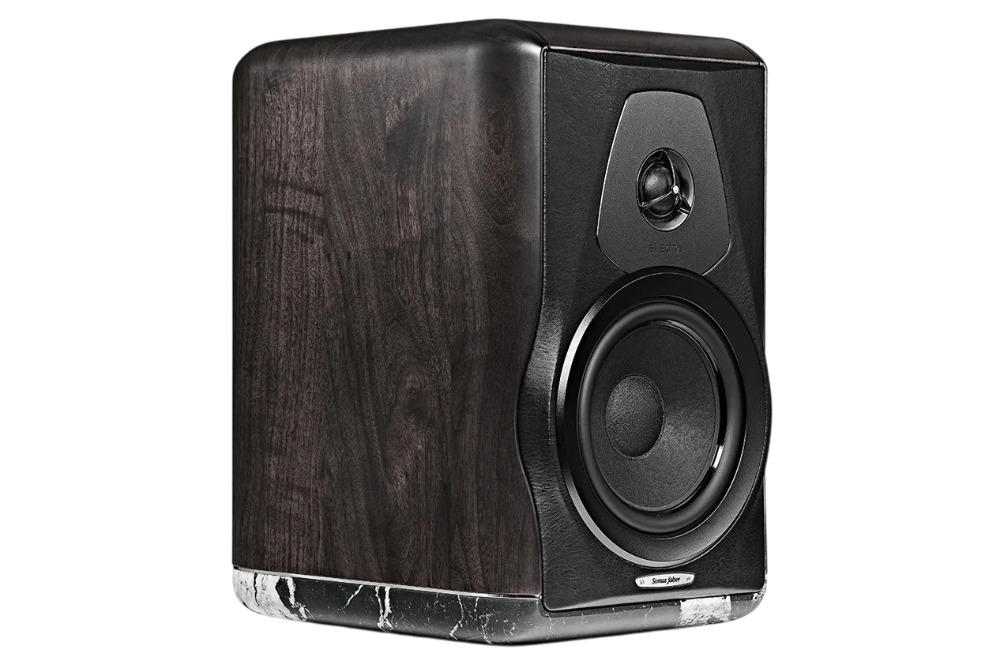 Salon 1 Audio Sonus faber Electa Amator III bookshelf speaker featuring solid walnut, black leather, and marble base.