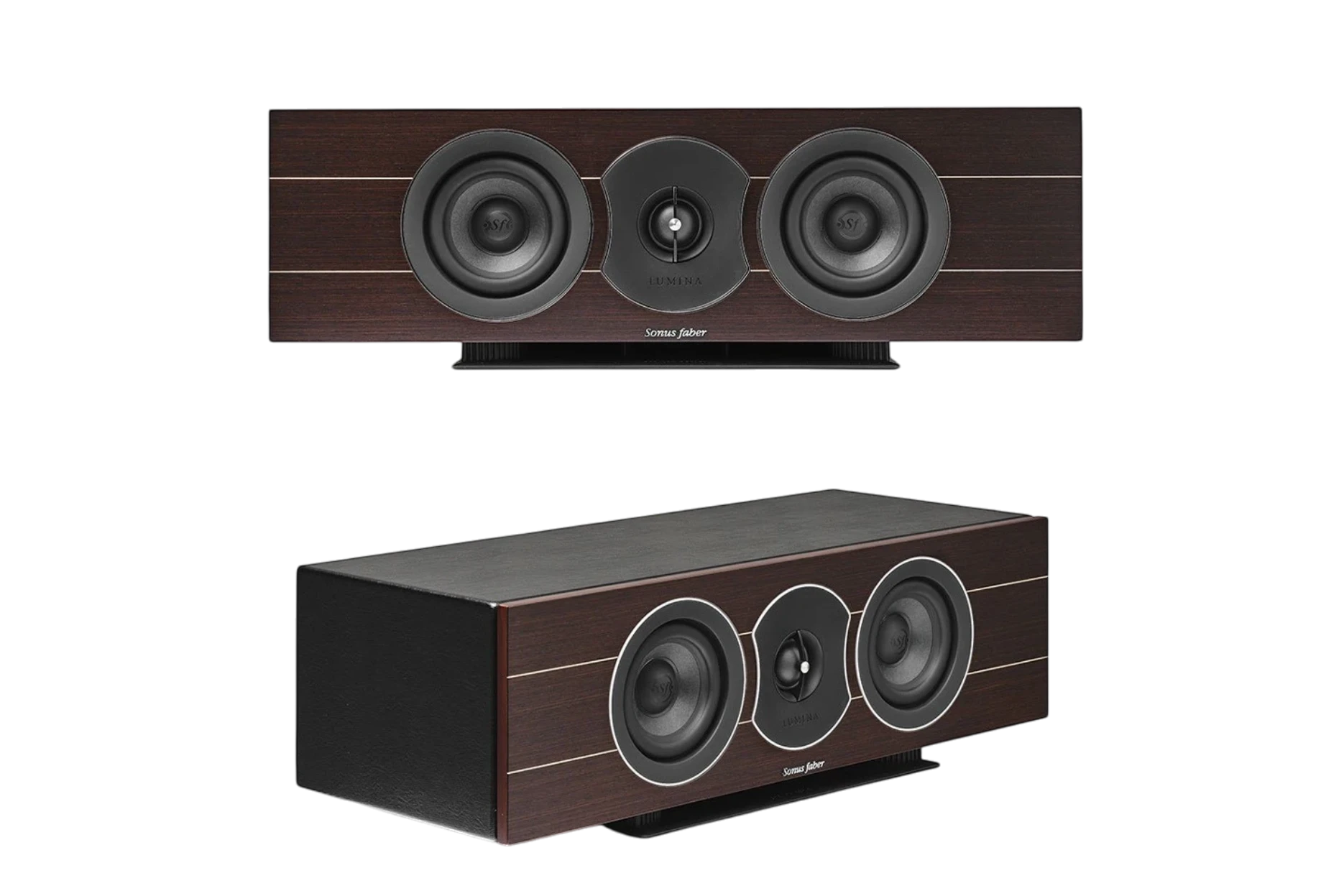 Salon 1 Audio Sonus faber Lumina Center I speaker in walnut wood finish with black leather and dual drivers.