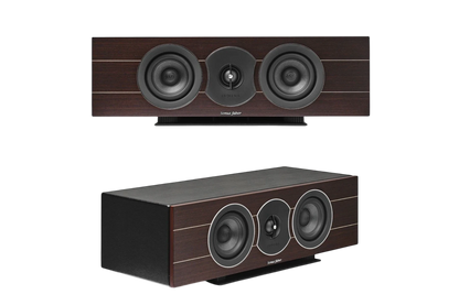 Salon 1 Audio Sonus faber Lumina Center I speaker in walnut wood finish with black leather and dual drivers.