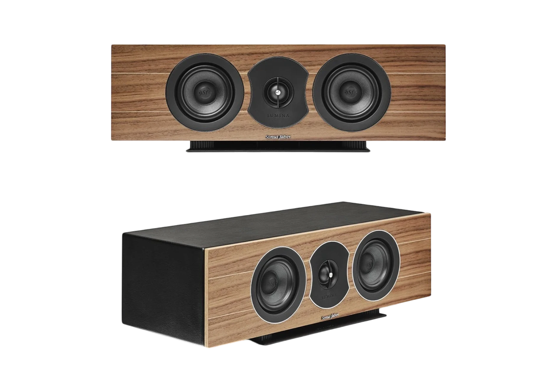 Salon 1 Audio Sonus faber Lumina Center I speaker in walnut finish with black leather and dual drivers.