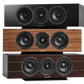 Salon 1 Audio Sonus faber Lumina Center I speakers in piano black, walnut, and wenge finishes stacked vertically.