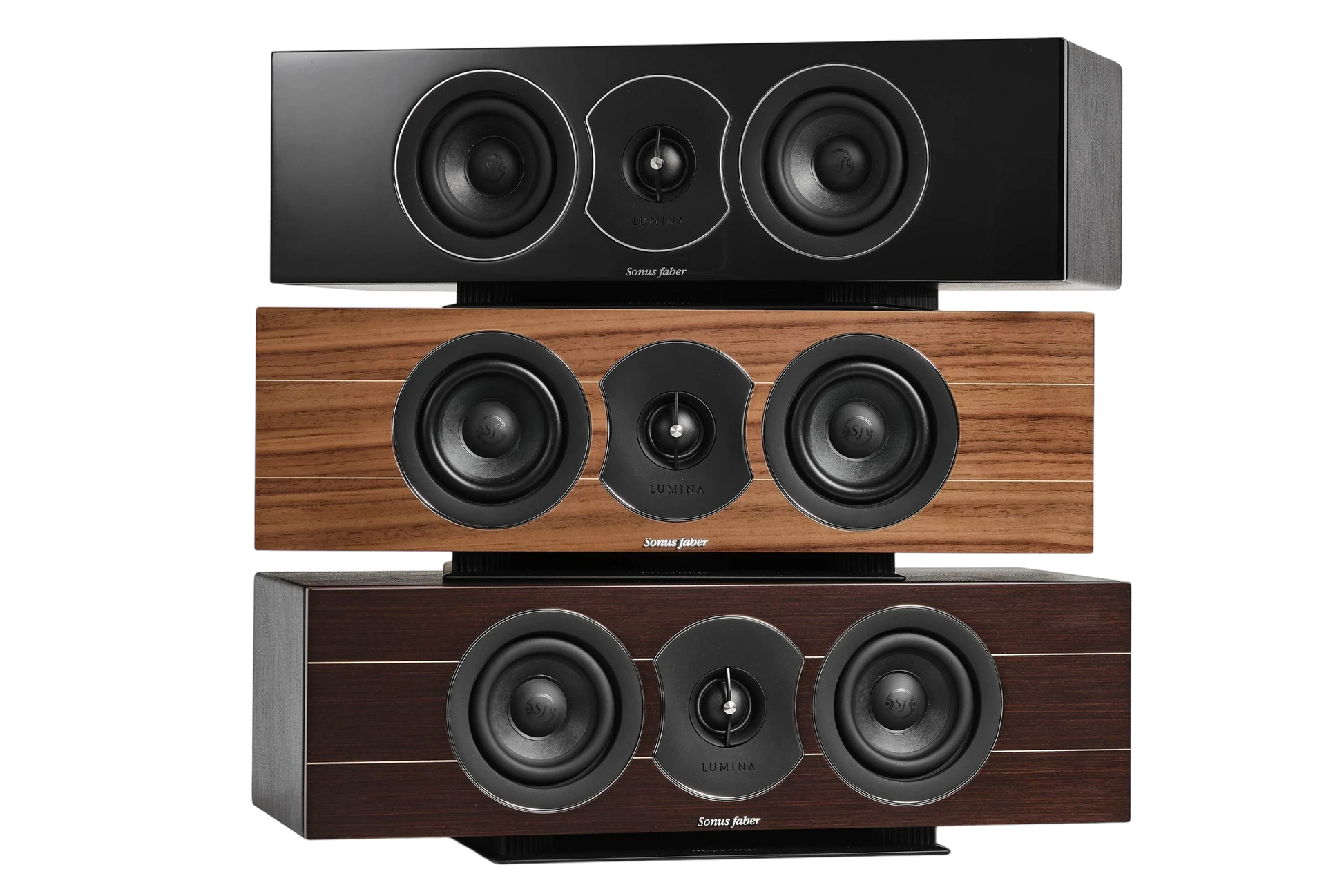Salon 1 Audio Sonus faber Lumina Center I speakers in piano black, walnut, and wenge finishes stacked vertically.