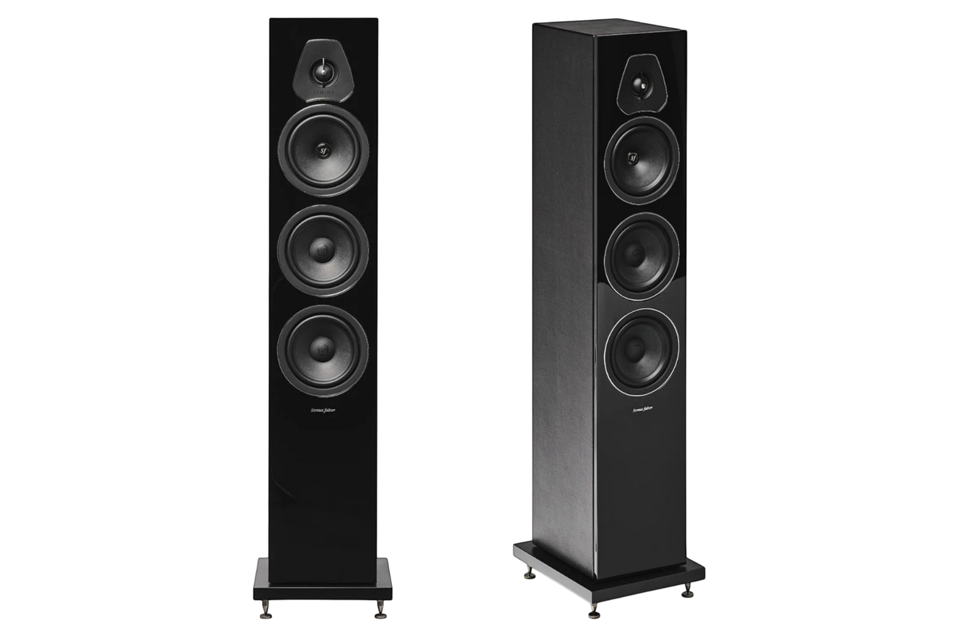 Salon 1 Audio Sonus faber Lumina III floorstanding speakers in piano black with leather accents and front drivers.