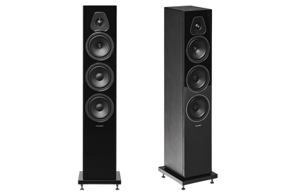 Salon 1 Audio Sonus faber Lumina III floorstanding speakers in piano black with leather accents and front drivers.