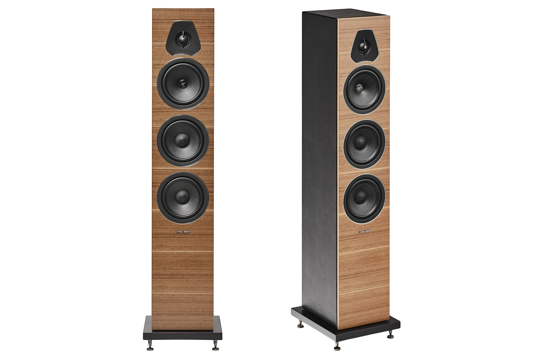 Salon 1 Audio Sonus faber Lumina III floorstanding speakers in walnut wood finish with black leather accents