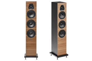 Salon 1 Audio Sonus faber Lumina III floorstanding speakers in walnut wood finish with black leather accents
