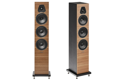 Salon 1 Audio Sonus faber Lumina III floorstanding speakers in walnut wood finish with black leather accents