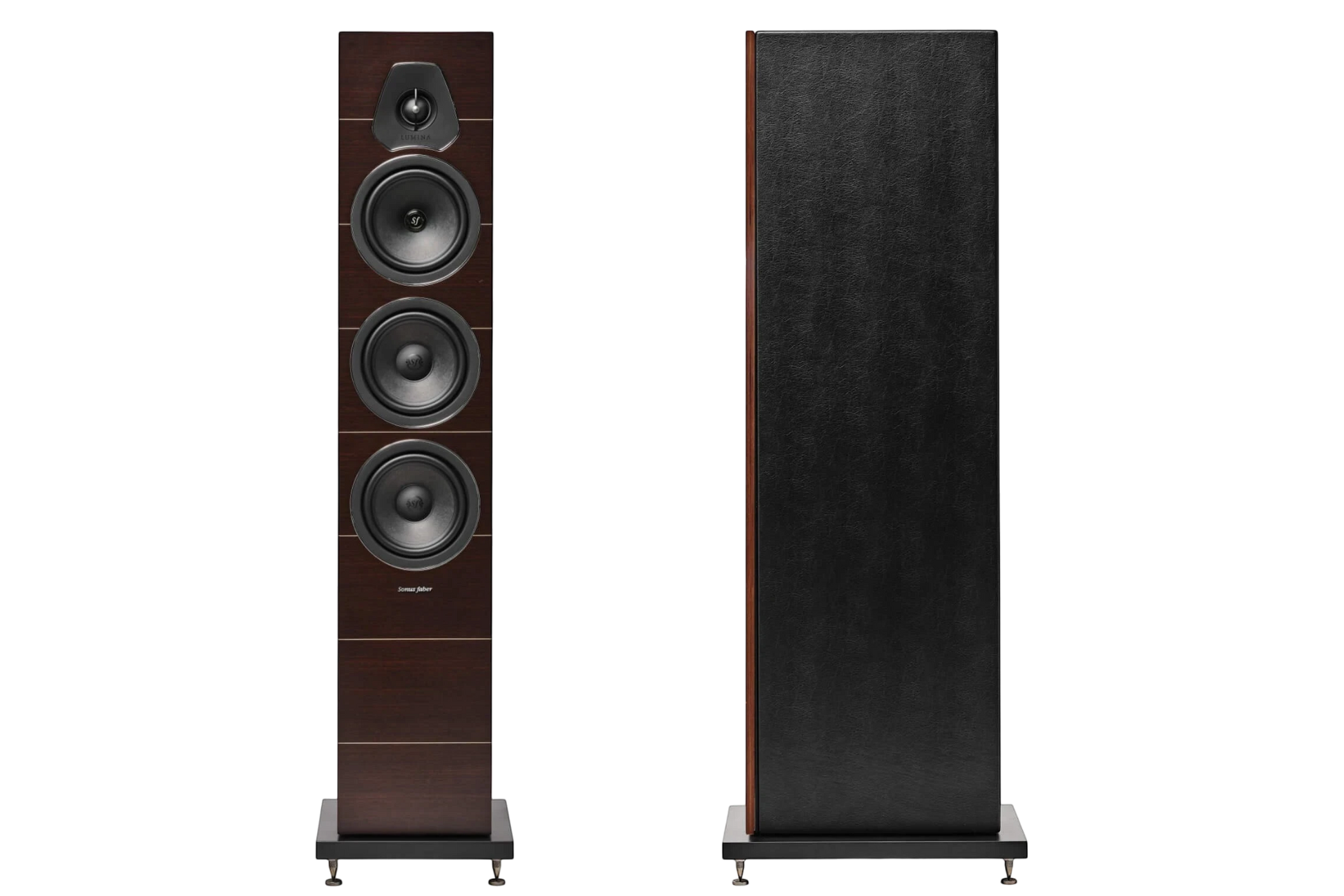 Salon 1 Audio Sonus faber Lumina III floorstanding speakers in walnut wood finish with black leather front panel