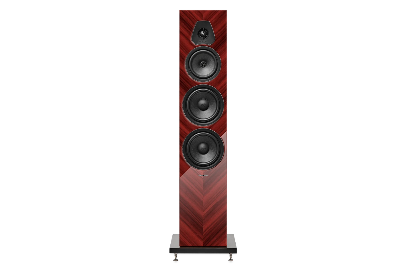 Salon 1 Audio Sonus faber Lumina V Amator floorstanding speaker in walnut wood finish with black leather front panel