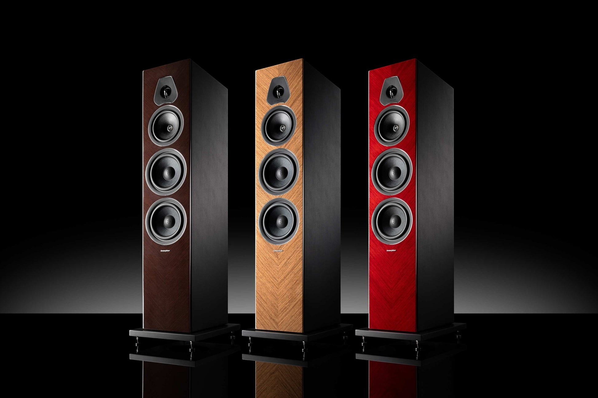 Salon 1 Audio Sonus faber Lumina V Amator floorstanding speakers in three wood finishes with black leather accents.
