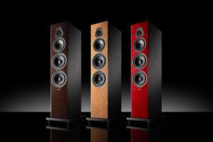 Salon 1 Audio Sonus faber Lumina V Amator floorstanding speakers in three wood finishes with black leather accents.