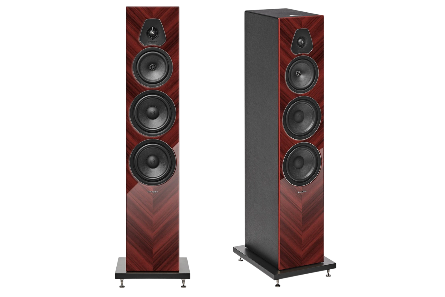 Salon 1 Audio Sonus faber Lumina V Amator floorstanding speakers in walnut wood finish with black leather accents.