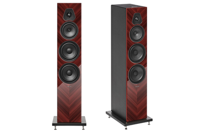 Salon 1 Audio Sonus faber Lumina V Amator floorstanding speakers in walnut wood finish with black leather accents.