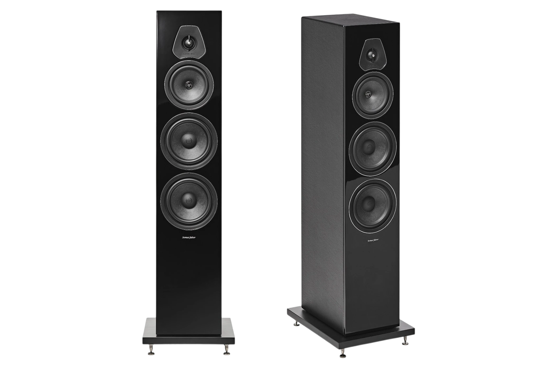 Salon 1 Audio Sonus faber Lumina V floorstanding speakers in piano black with leather wrap and three-way driver design