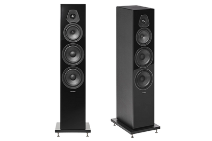 Salon 1 Audio Sonus faber Lumina V floorstanding speakers in piano black with leather wrap and three-way driver design