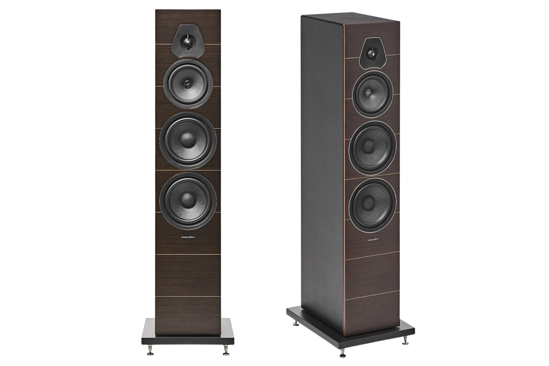 Salon 1 Audio Sonus faber Lumina V floorstanding speakers in dark wood finish with black leather and three drivers.