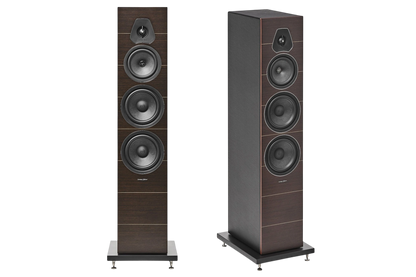 Salon 1 Audio Sonus faber Lumina V floorstanding speakers in dark wood finish with black leather and three drivers.